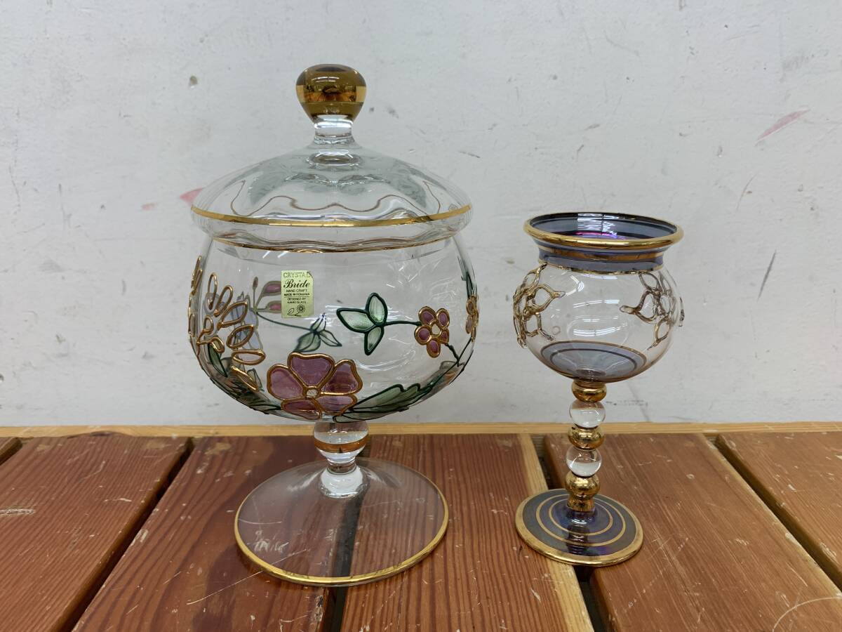 【KAMEI GLASS/カメイガラス】2種セット【キャンディポット/グラス】金彩 シンプル 花柄 2個セット 中古品