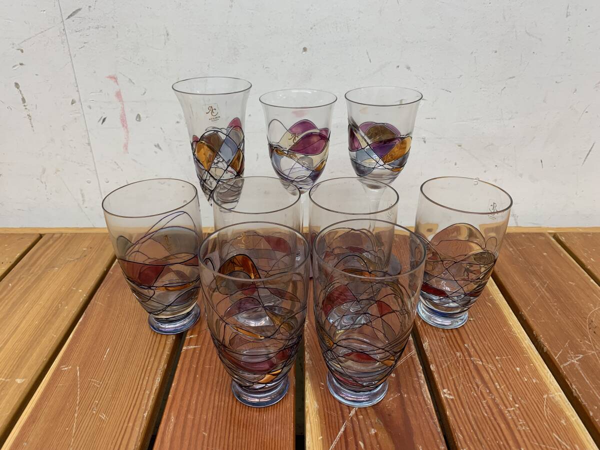 【ADERIA Romania/アデリアルーマニア】9個セット【ビールグラス6客/ワイングラス2客/シャンパングラス】ステンドグラス風 中古品