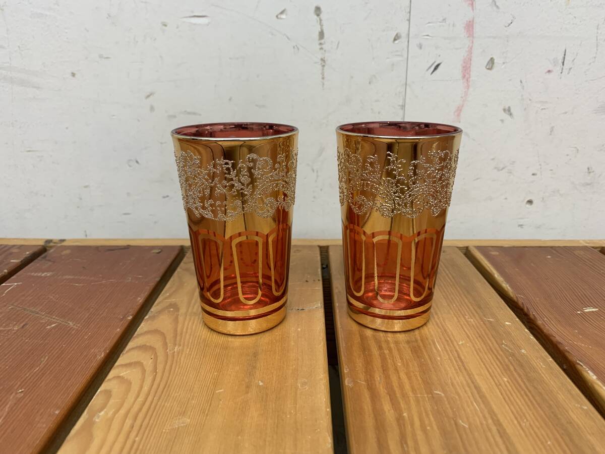 【ベネチアンガラス？モロッコ？】グラス【コップ/タンブラー】金彩 赤 装飾 中古品