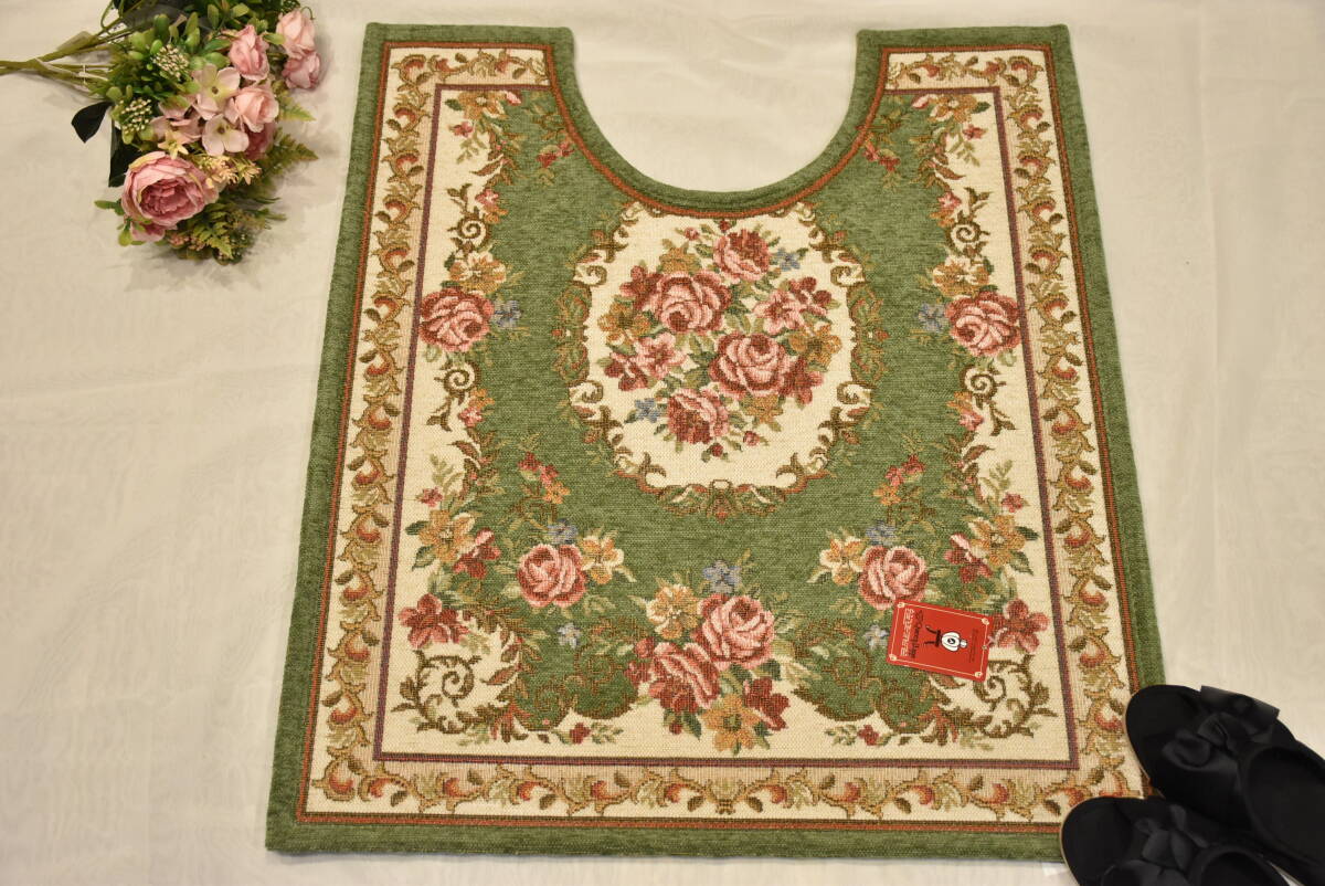 PAY3*LA6*トイレマット*バラ柄*60×70*グリーン*滑り止め付き*シェニール織り*花柄*エレガント*おしゃれ*クラシック