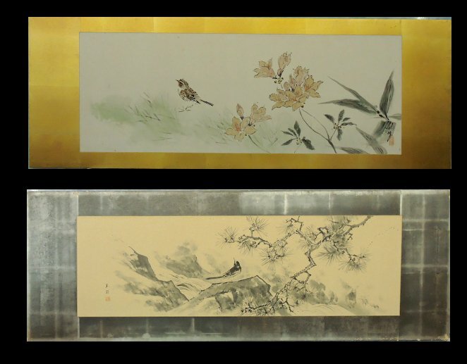 パネル2枚 川船水棹 玉南 日本画 紙に彩色 紙に墨 欄間額 横額 Japanese Painting 額縁なし フレームなし 中古