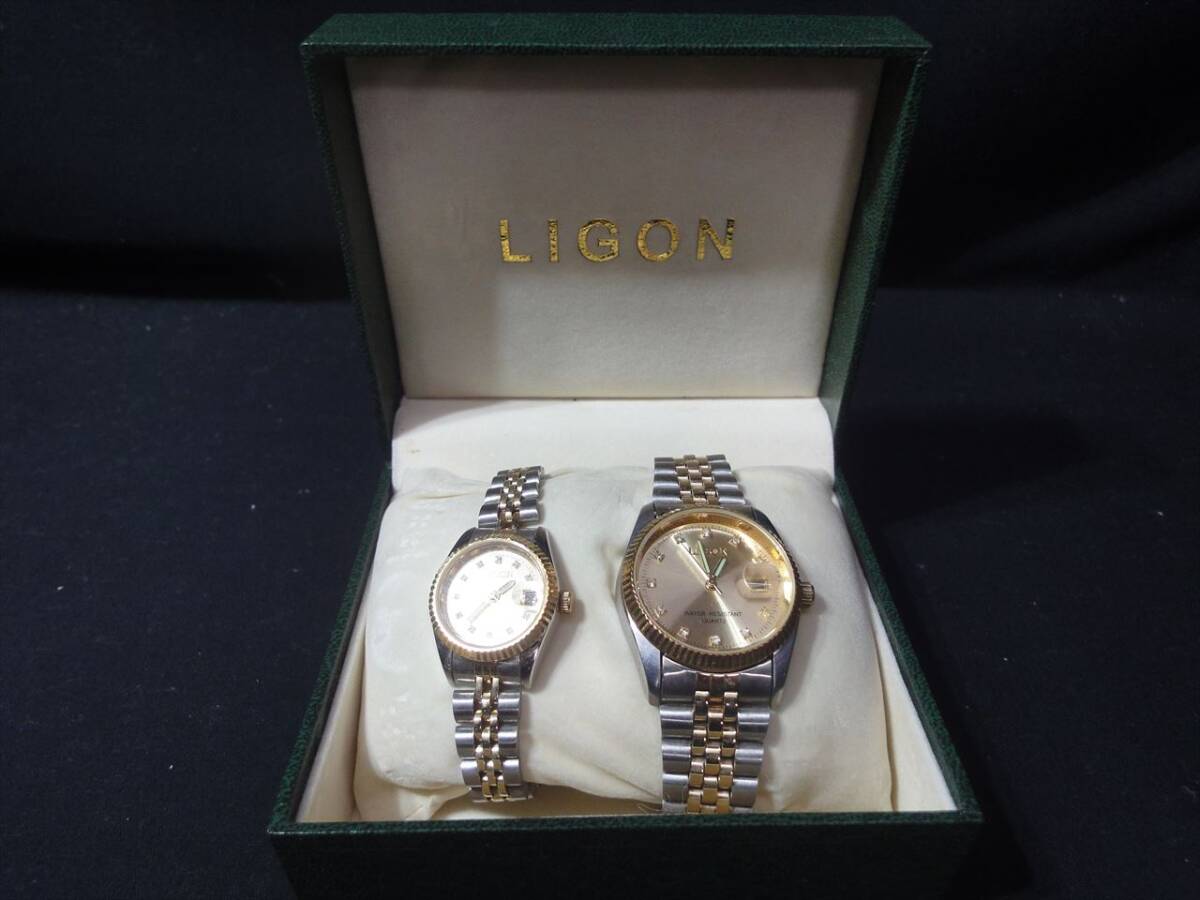 ◆j28-7W2452 / LIGON リーゴン ペア 腕時計 ゴールド文字盤 WATER RESISTANT QUARTZ