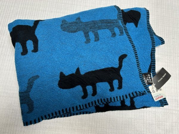 ☆新品☆マタノアツコ/大判ストール、ひざ掛け/日本製/猫ブルー