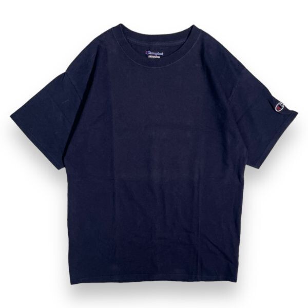 Champion チャンピオン AUTHENTIC オーセンティック 半袖 刺繍 ワンポイント コットン Tシャツ S/S 無地 トップス 古着 YXL ネイビー 紺