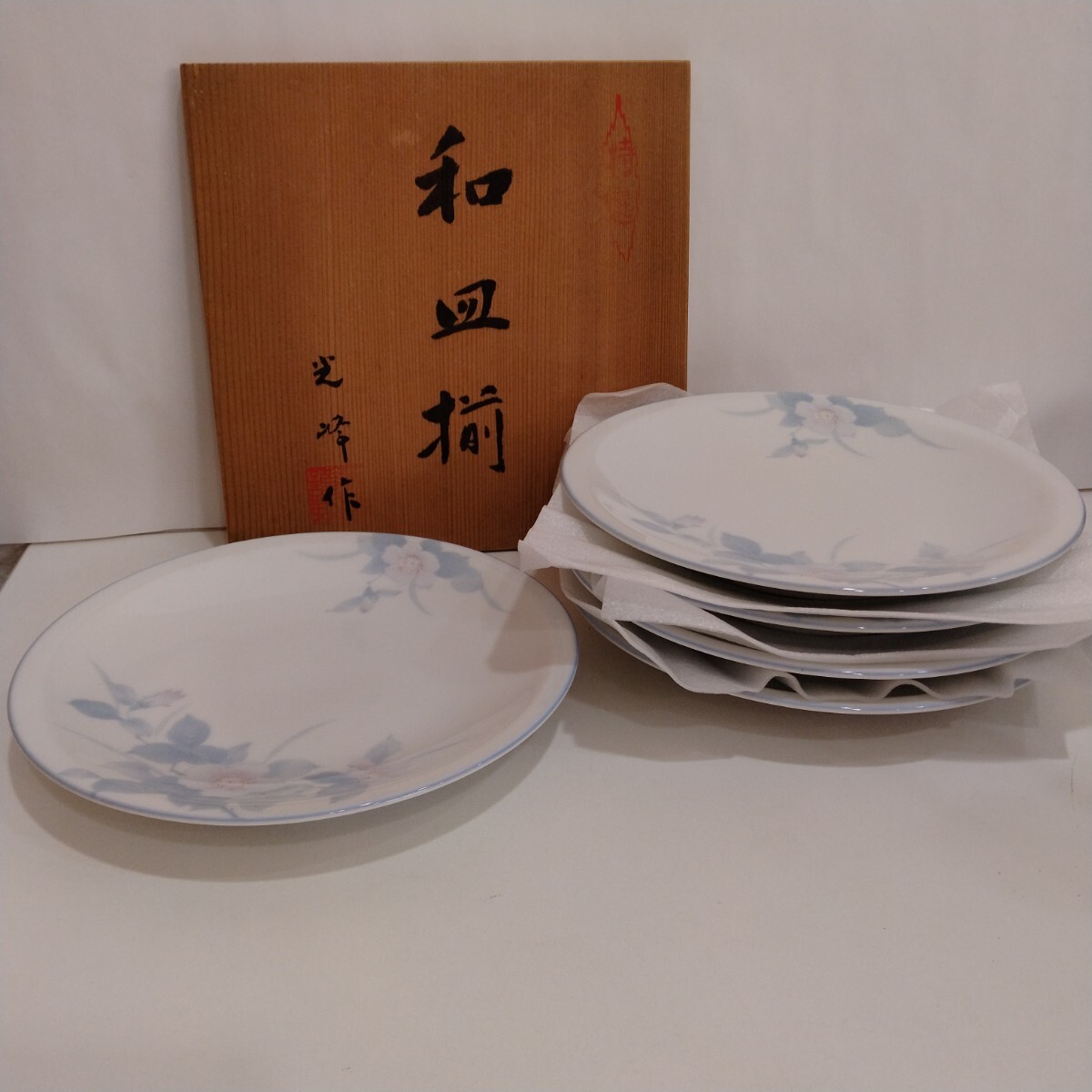 M211014　和皿揃　中皿　花柄　染付 陶器　5枚セット　 和食器　食器　平皿