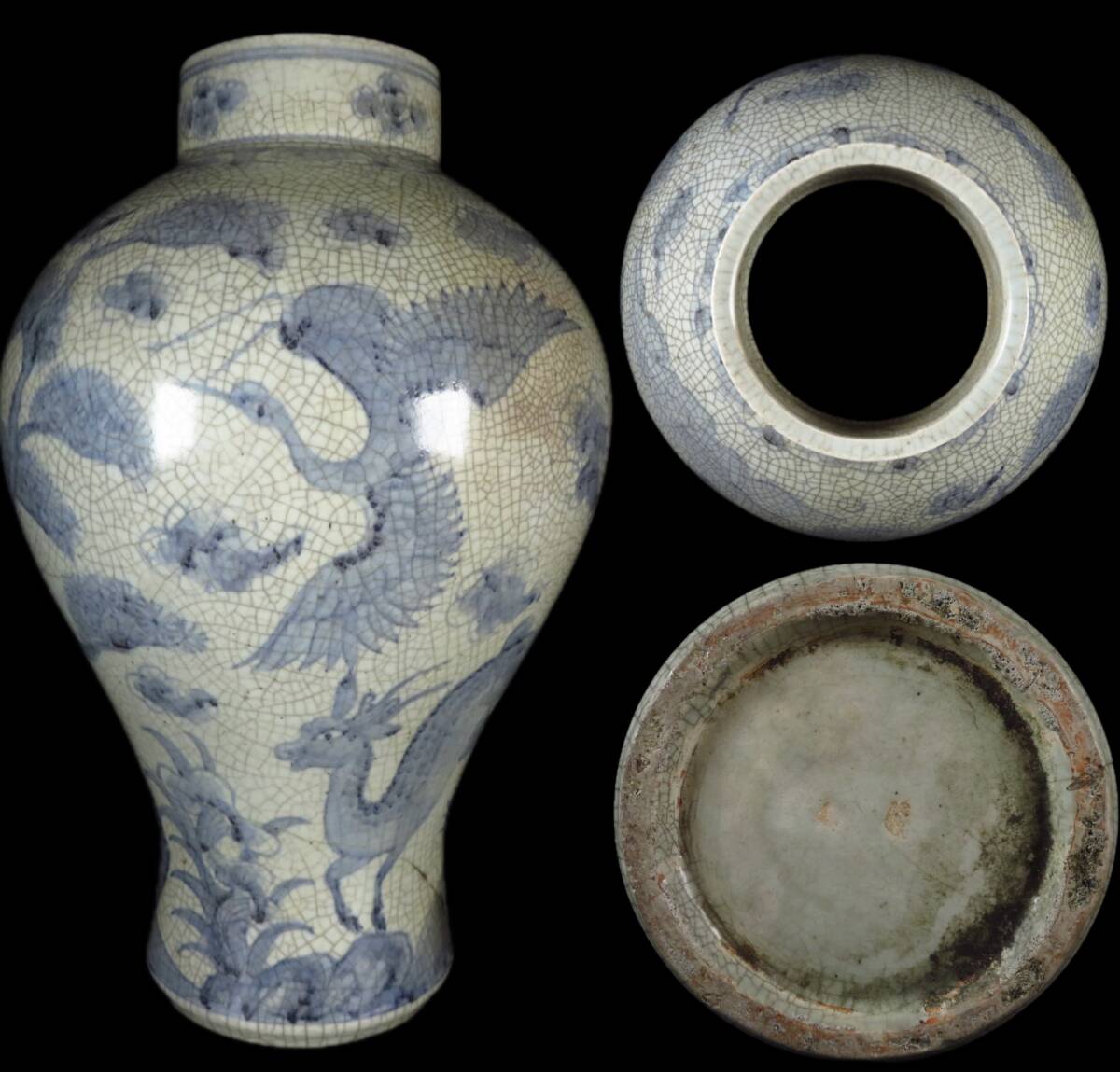 【SAKURAYA】珍品 朝鮮古美術【李朝時代 十長生 染付松鶴鹿亀文大壷】飾壺 花瓶 花器 高麗 韓国 中国古玩 骨董品 古美術品 高さ49cm