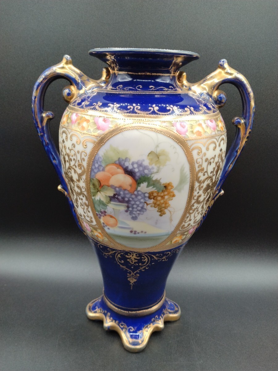 オールドノリタケ マルキ印 コバルト 金盛 果実文 耳付 装飾壷 花瓶 高さ約27.5cm 【2-w】