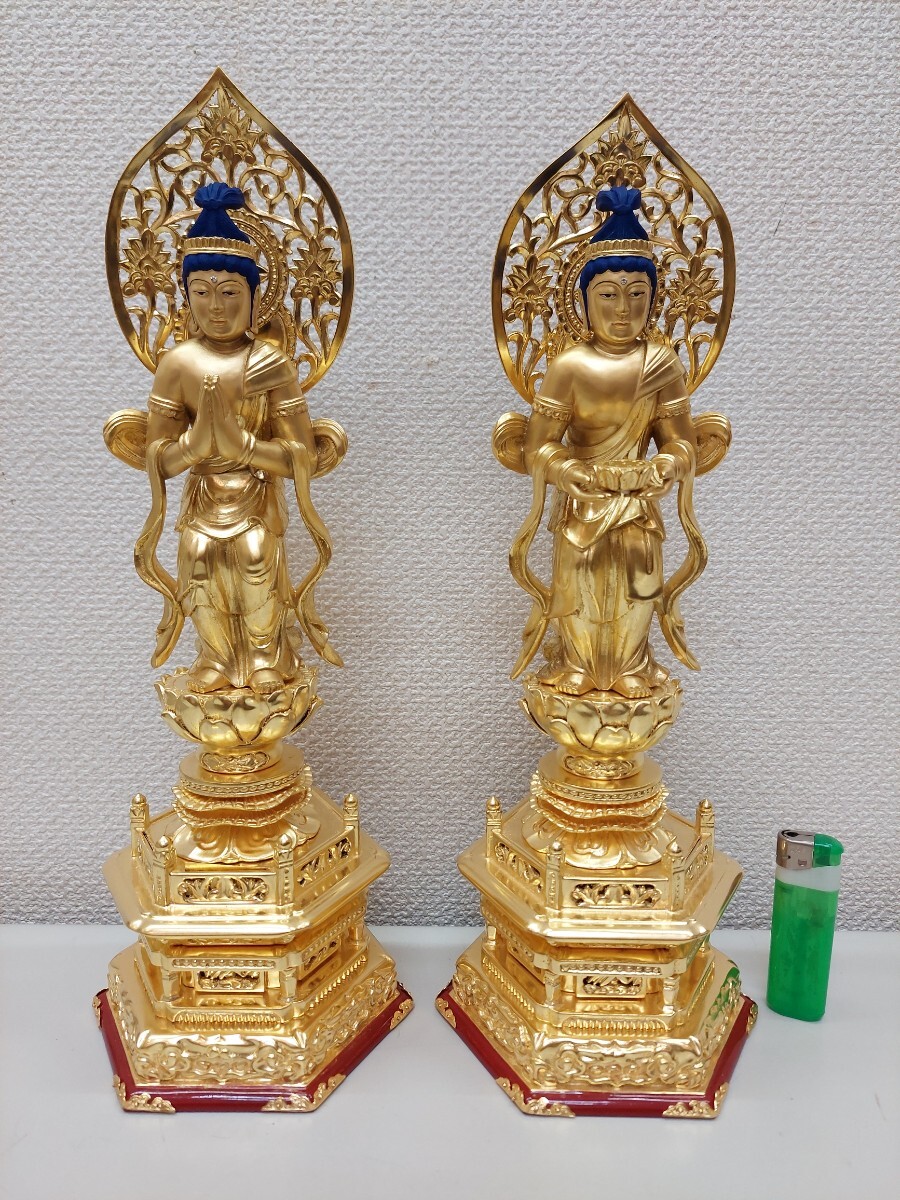 豪華　観音　勢至　菩薩　木製　五寸　総丈３７cm　京型六角台　透し光背　仏壇　お内仏　浄土宗　本金肌粉　アウトレット　デッドストック