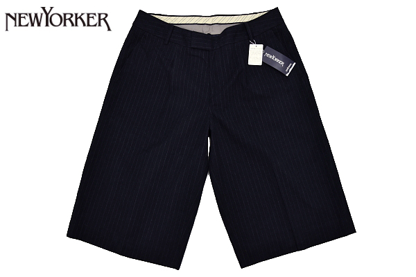 K-0809★送料無料★新品★NEWYORKER ニューヨーカー★定価16800円 ネイビー紺色 ピンストライプ ハーフ スラックスパンツ 大きい 13号 72cm