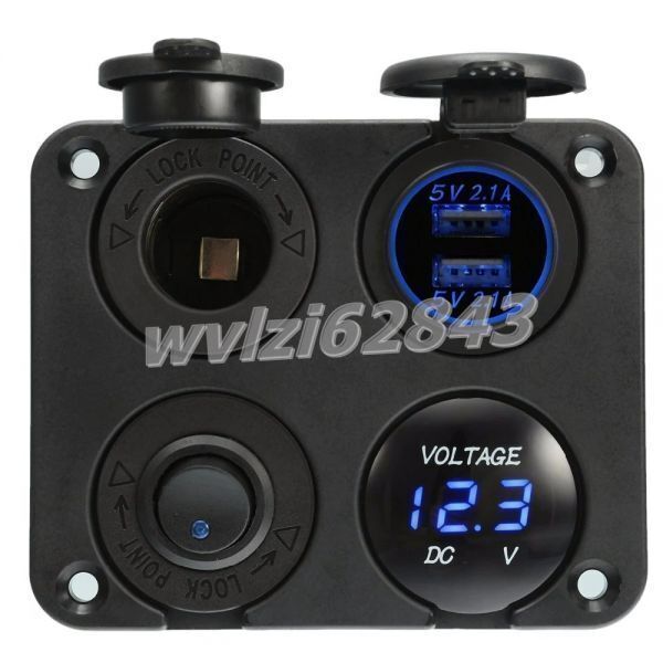 MI036:★人気★デュアルUSBソケット充電器　2.1A + 2.1A + 12V電源コンセント+ NO-OFFスイッチ+車のオートバイ用　LED電圧計
