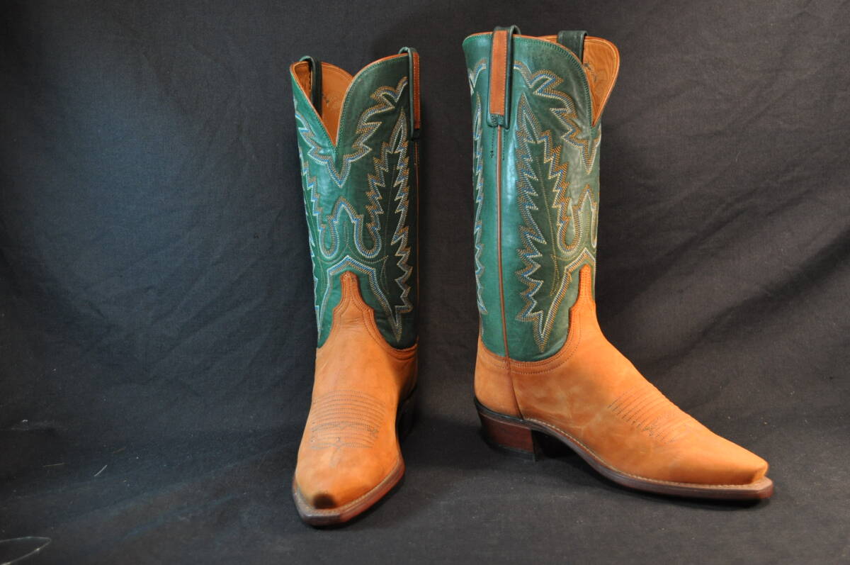 A　新品　LUCCHESE　ルケーシーウエスタンブーツ　USサイズ　薄茶ヌバック/緑艶消し牛革　6.5B