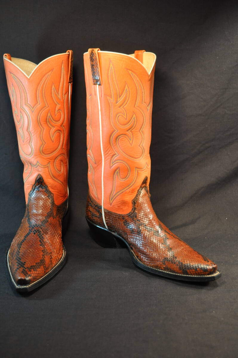 高級カスタムブーツ　テキサス州　キンメルブーツ　KIMMEL BOOTS　ウエスタンブーツ　濃茶ヘビ背革/オレンジ牛革　11.5EEEから13D