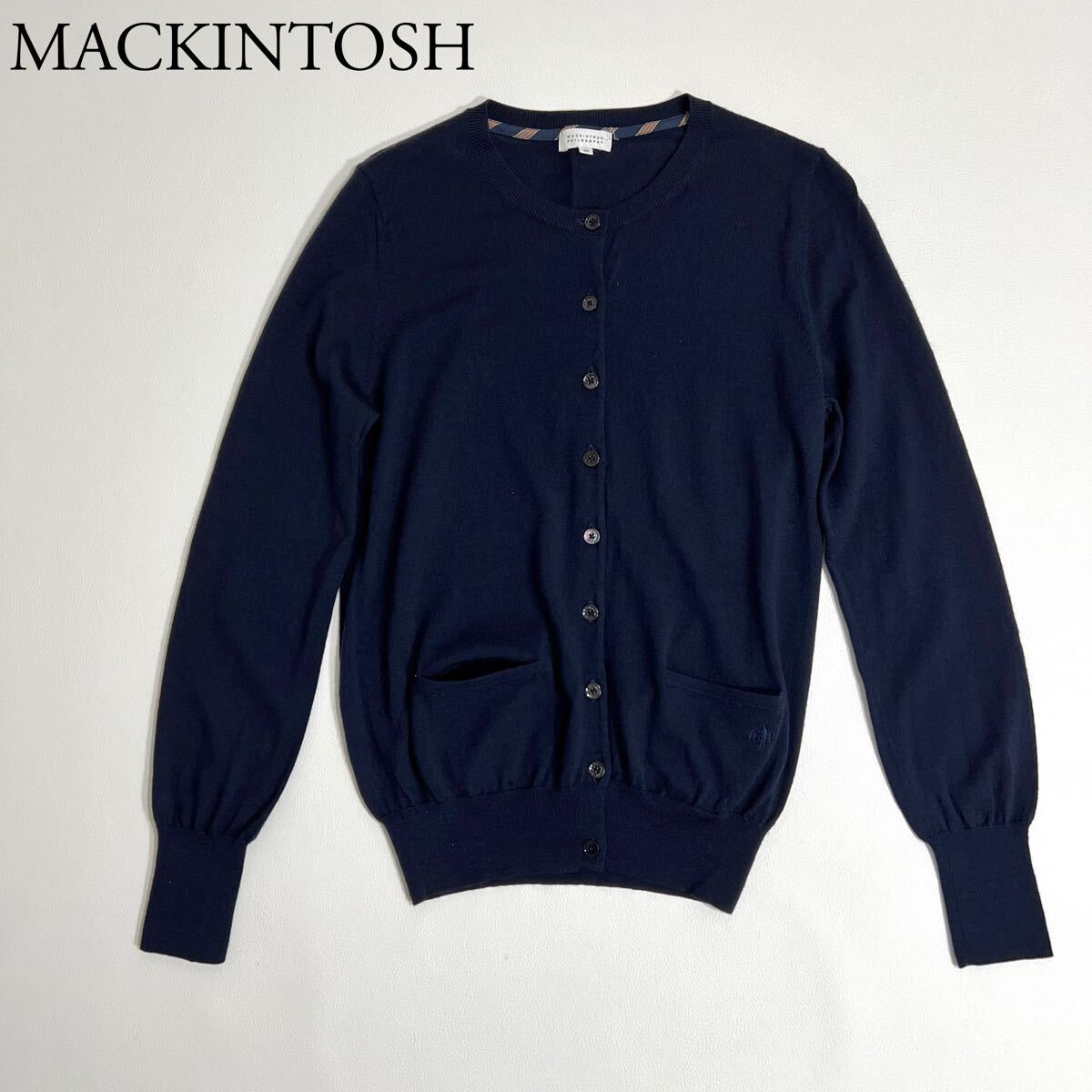 美品 MACKINTOSH マッキントッシュ ニットカーディガン ロゴ刺繍 イタリア製糸 ウール 一部チェック トップス ハイゲージニット 長袖 38