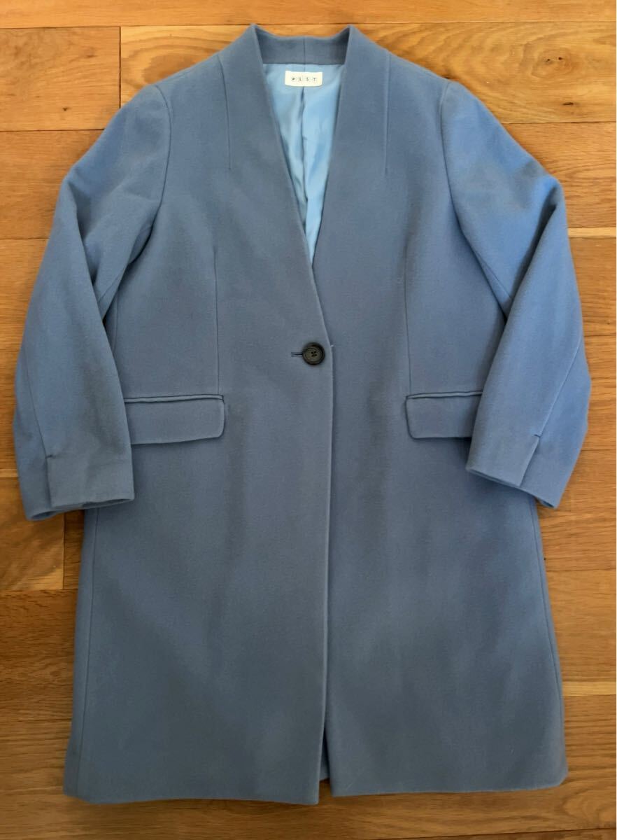 美品 PLST プラステ ★ 洗練 ノーカラー ウール コート ロイヤルブルー L ロングコート バックスリット 大きい