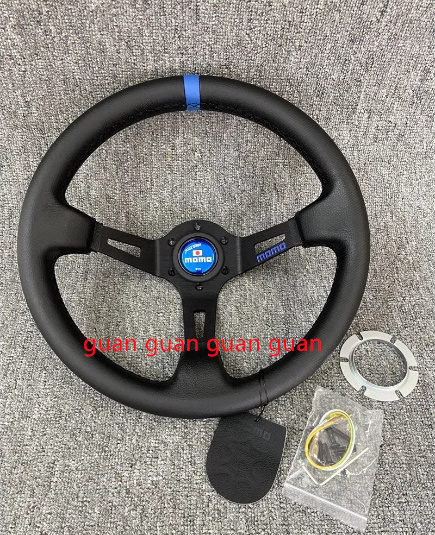 新品 13インチ レザー レーシングステアリングホイール blue 320CM 汎用 クスステア リングホイール