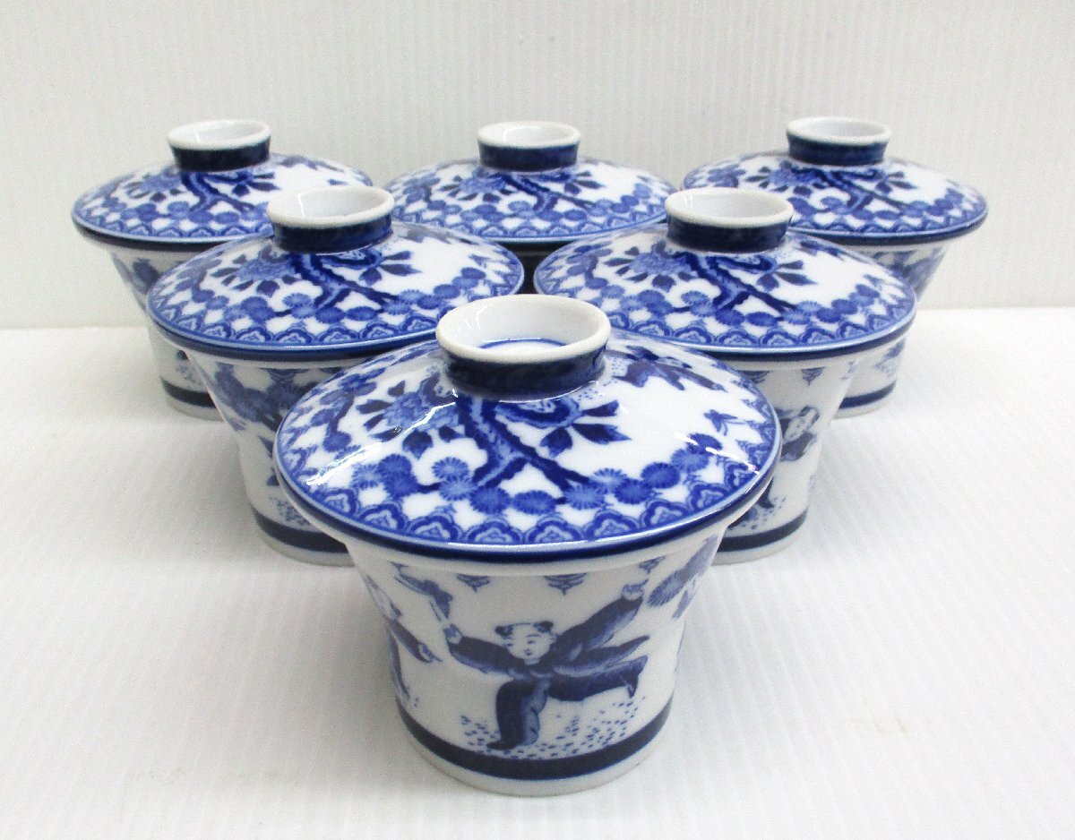 茶碗蒸し 童子柄 レトロ 6個 蒸し碗 茶碗蒸し碗 蓋付き 蒸し器 直径9～10ｘ高さ7～8㎝ 中古美品 99022 ★