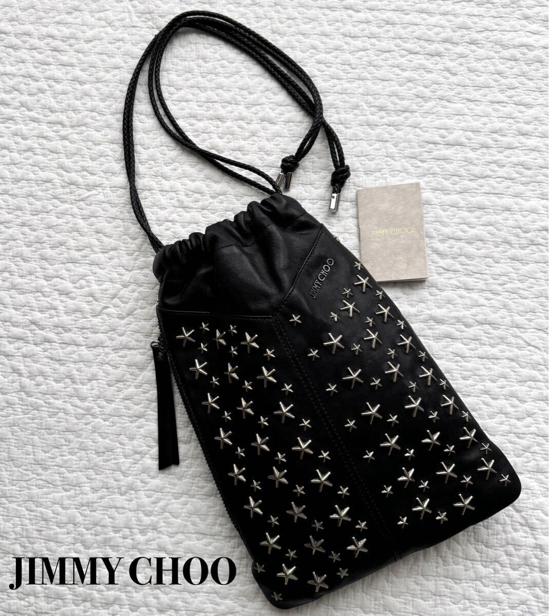美品 ジミーチュウ JimmyChoo 巾着ハンドバッグ MIKKO スタッズ レザー ブラック ユニセックス バッグ