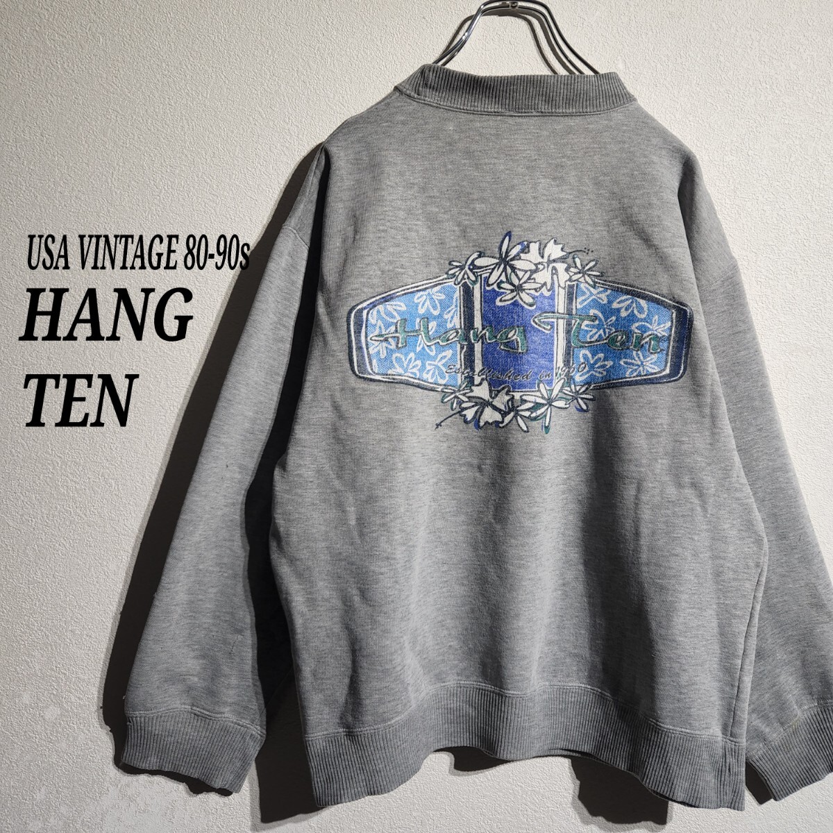 USA VINTAGE 80-90s ハンテン スウェットシャツ トレーナー 刺繍ロゴ バックプリント 霜降り サーファー オーバーサイズ ビッグシルエット 