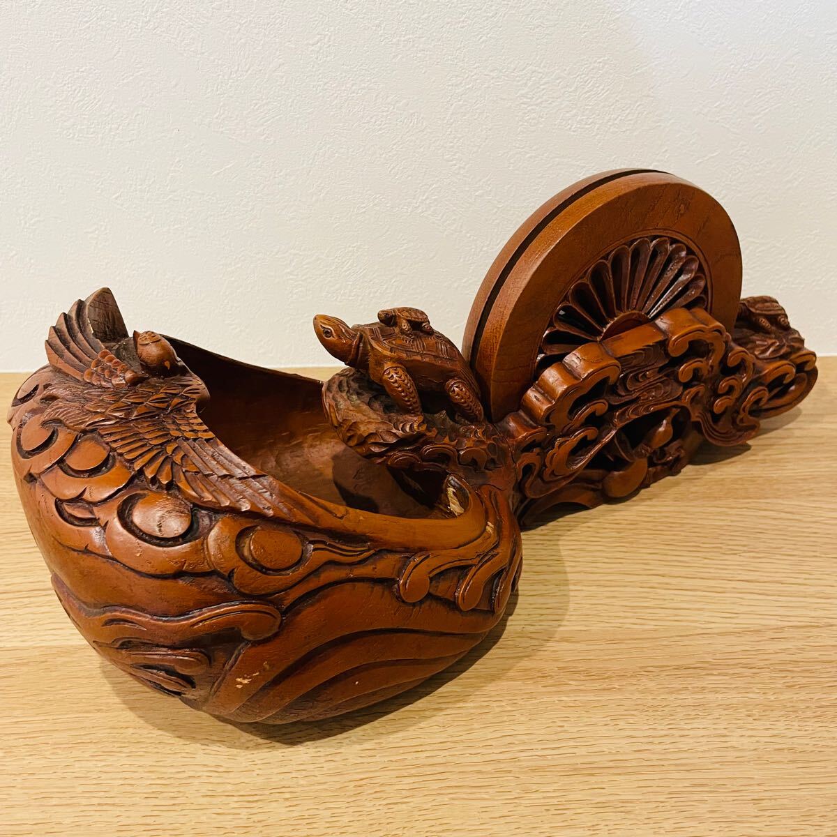彫辰作 鶴亀彫 親子亀 大型 墨壺 墨つぼ 墨壷 置物 骨董 木製 木彫り 在銘 大工道具 工芸品