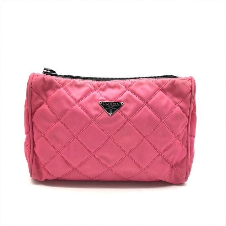 良品 PRADA プラダ 三角ロゴ プレート ナイロン テスート キルティング ポーチ 小物入れ ピンク レディース k4216