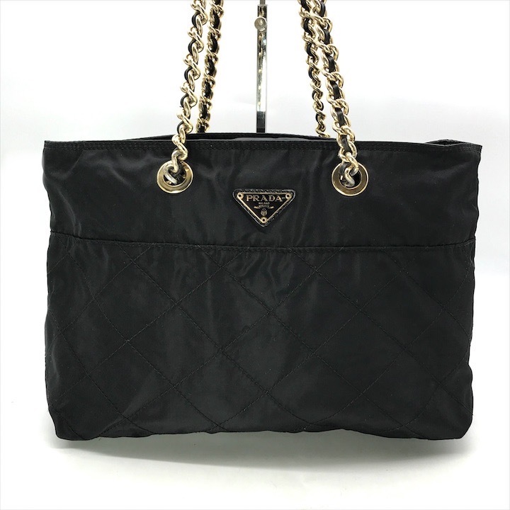 良品 PRADA プラダ ナイロン テスート 三角ロゴプレート キルティング チェーン ショルダー トート バッグ ブラック a6242