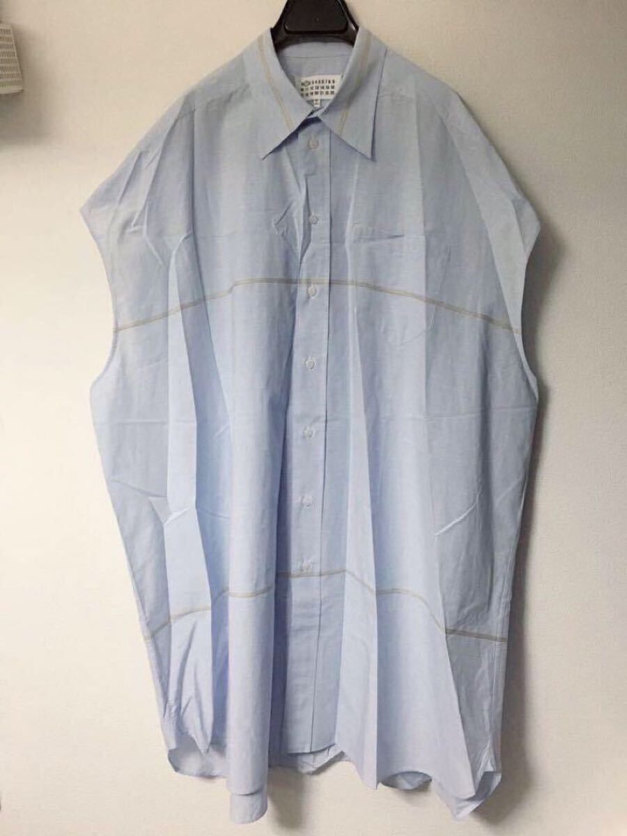 Maison Margiela ① イタリア製 オーバーシャツ スリーブレス ライトブルー 部分ストライプ 20SS ノースリーブ martin ジャケット デニム