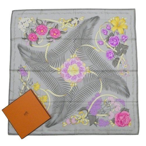 ☆新品同様 エルメス シルクスカーフ カレ90 Fleurs de L'Opera オペラの花 美品 グレージュ系 箱付 シルク100％ フランス製 HERMES ◆T12