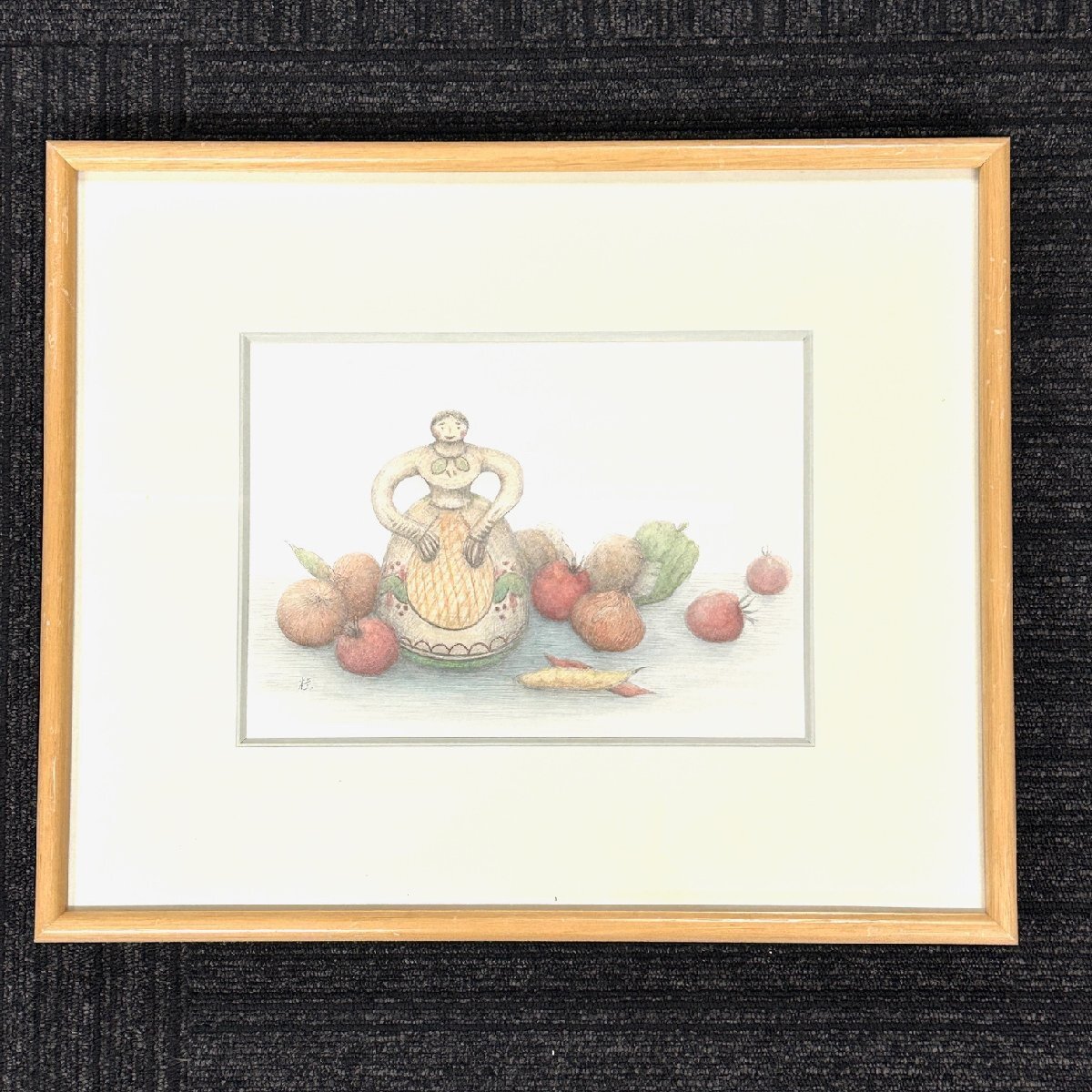 【80】1円～ 絵画 色鉛筆画？ 桂作 額装 壁掛け インテリア かわいい 詳細不明 長期保管品