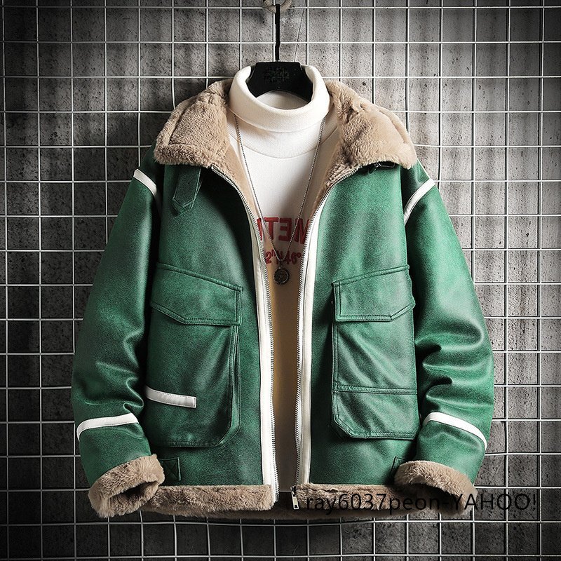 冬 最高級 ムートンコート ブルゾン毛皮ファーコートレザージャケット 防寒ライダース厚手ライトジャケット配色 緑系