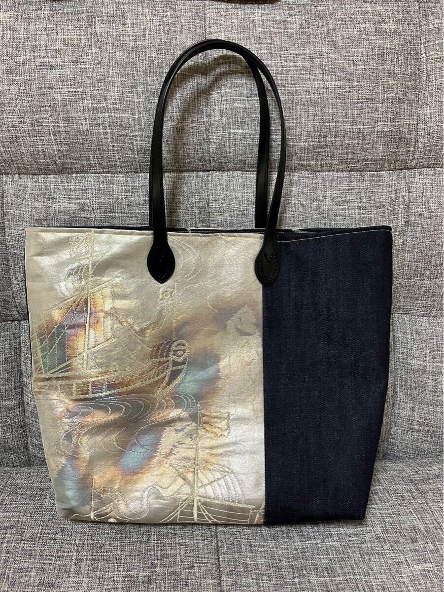 アンズルーム★着物×帯　リメイク★トートバッグ★ハンドバッグ★かばん★大容量　大きめ★燻銀×デニム★船