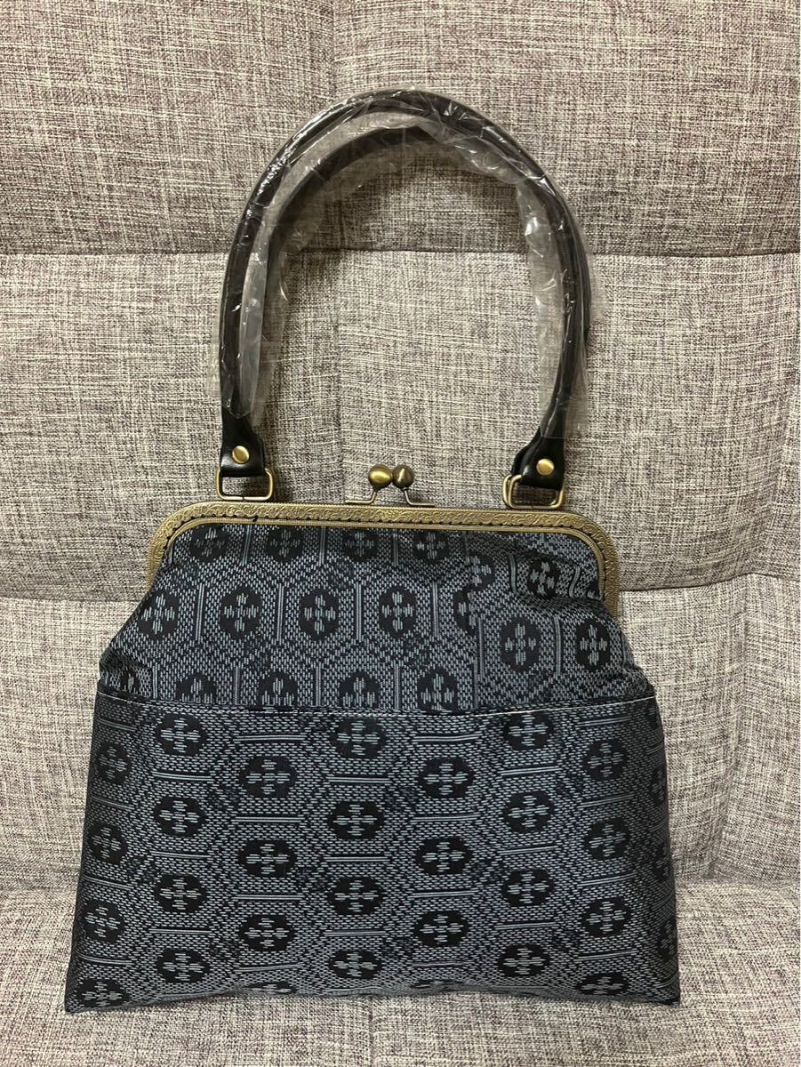 アンズルーム★着物　リメイク★がま口バッグ★ハンドバッグ★かばん★ブルー系★大きな口★中外ポケット