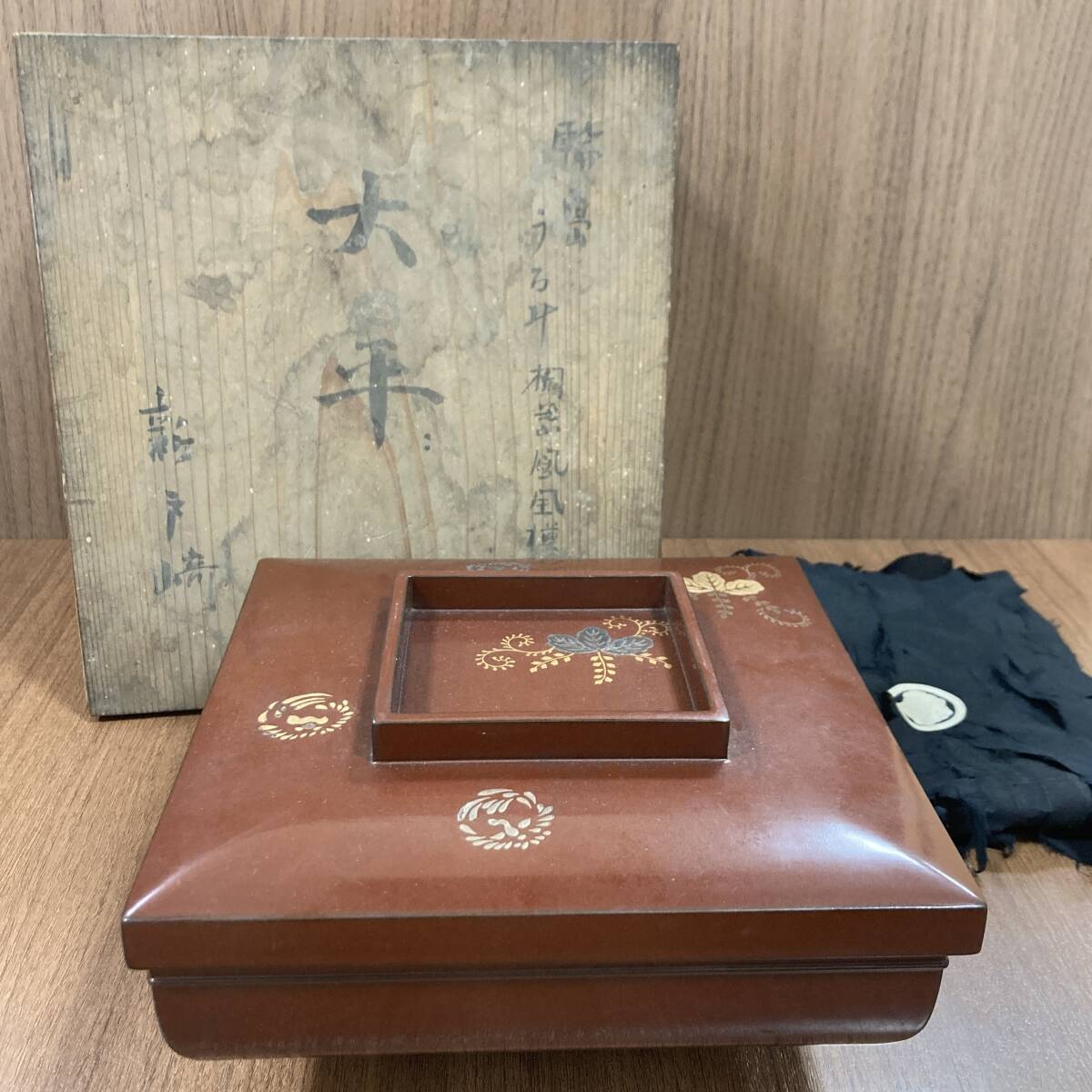 ＃8750-4 輪島塗 桐葉鳳凰文 蒔絵太平 ★現状品/共箱付き 重箱 赤 明治期 骨董品 古美術 縁起物 漆器 時代物