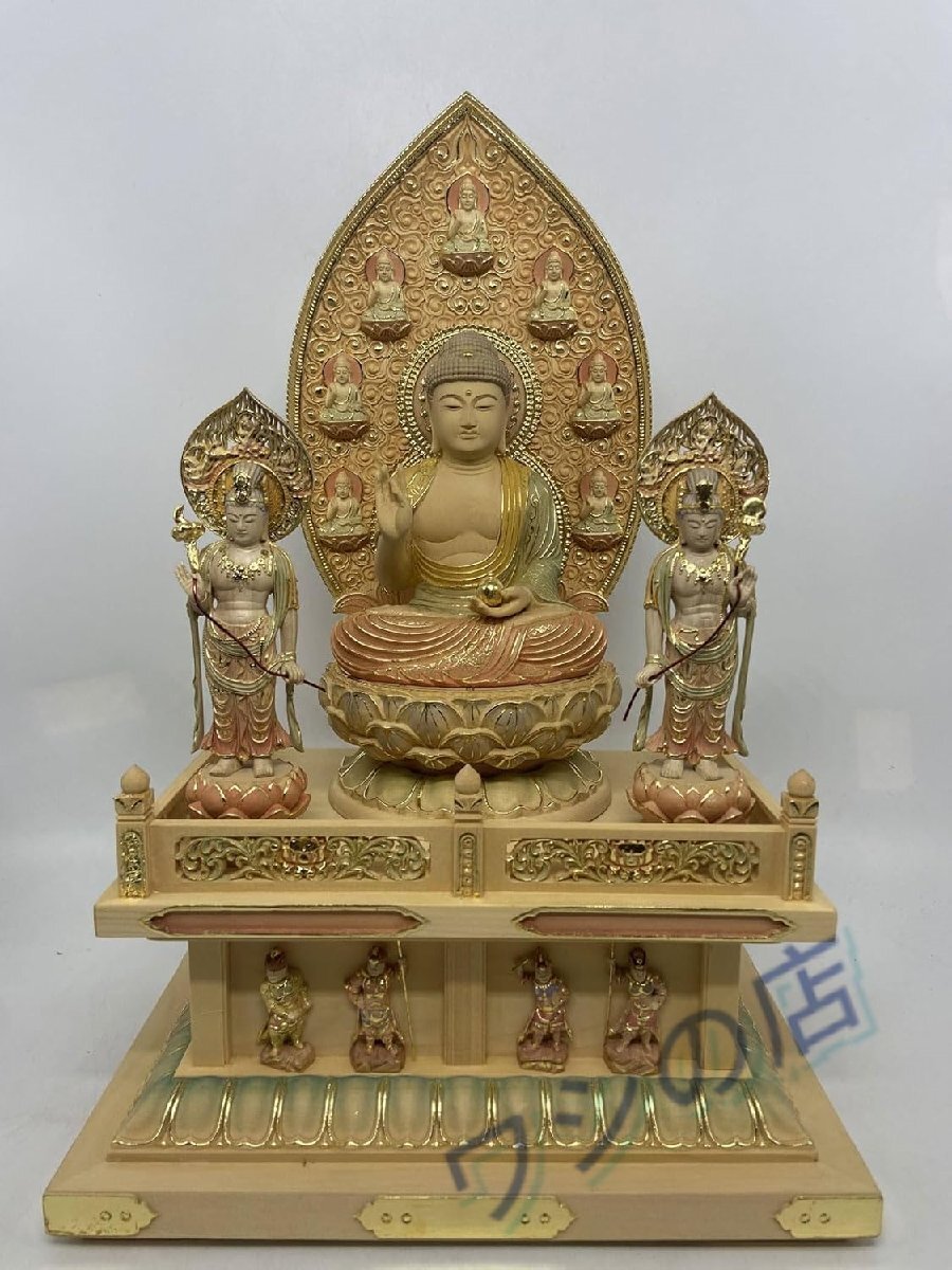 PH-383 木彫りの仏像 薬師三尊【薬師如来・日光菩薩・月光菩薩】十二神将彫刻 桧木製『天台宗・真言宗・臨済宗』総高さ40 cm (淡彩色)