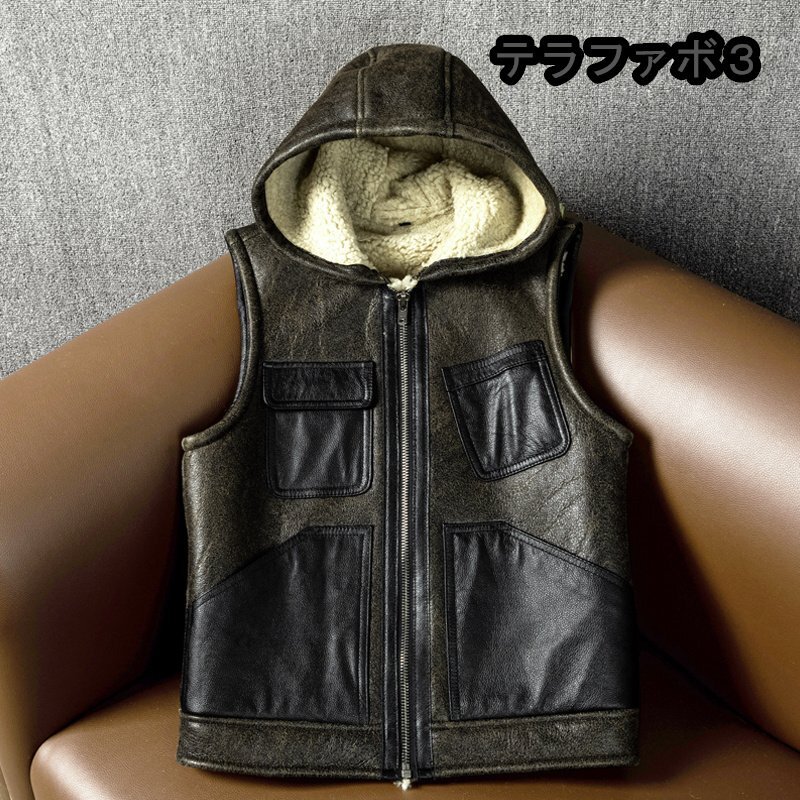 ムートン コート　羊革 毛皮一体　フードつき　 本革 防寒服 ラムレザー 天然革　ベストコート S～5XL