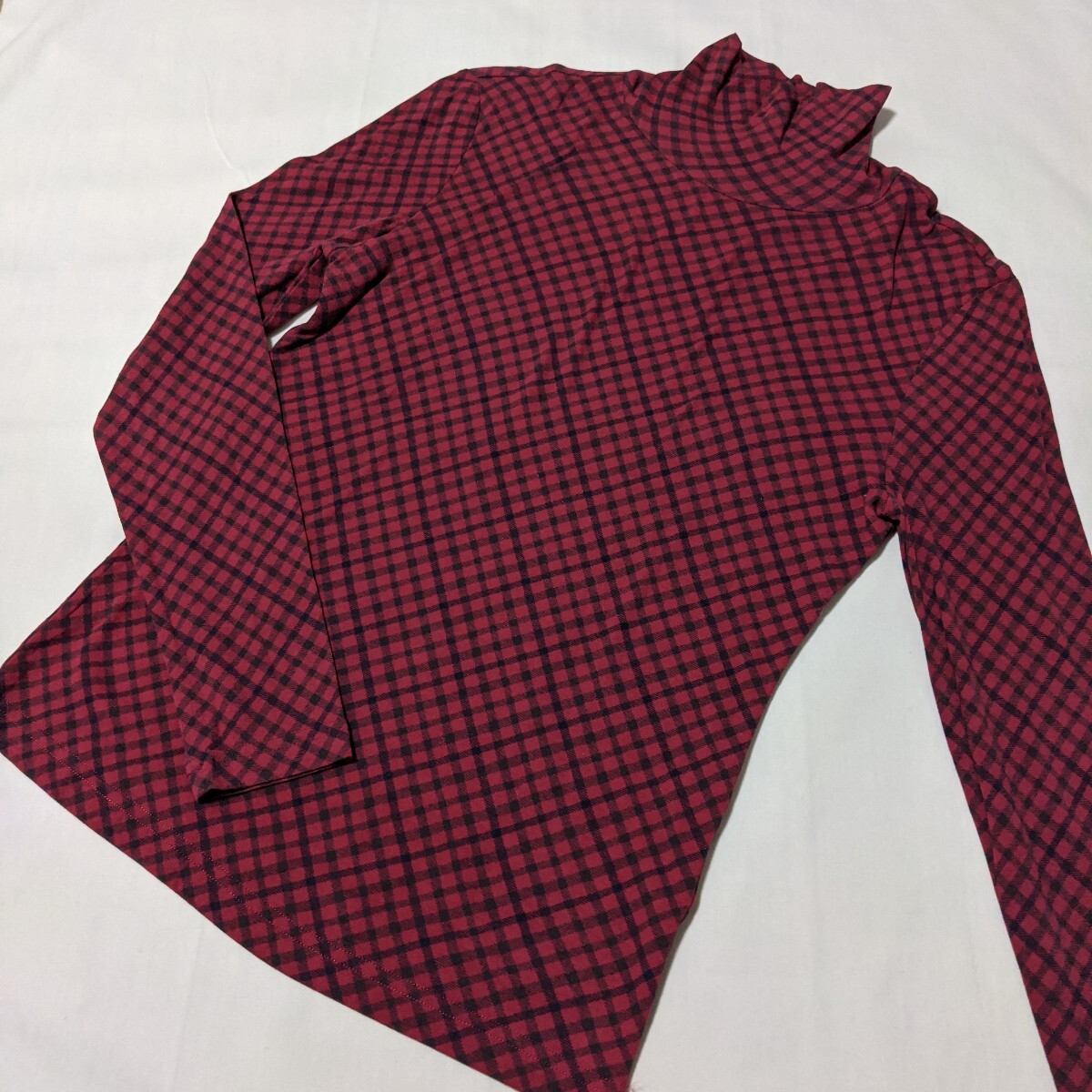 ☆PL10 訳有 DAKS ダックス レディース 38 M 長袖 Tシャツ カットソー 赤 チェック タートルネック 薄手
