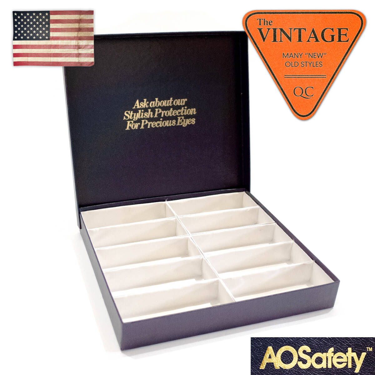 美品一点モノ 70's AO アメリカンオプティカル USAヴィンテージ 眼鏡フレーム収納 ケース 中型 10本分 ネイビー レザー調 American Optical