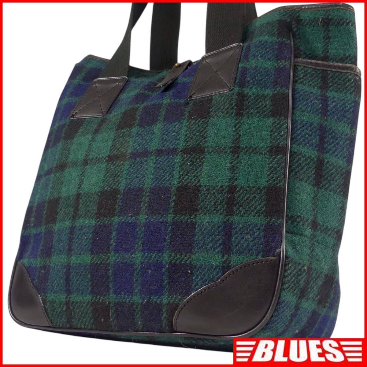 即決★Harris Tweed MENS BIGI 別注★レザーコンビトートバッグ ハリスツイード メンズビギ 緑 チェック 本革 肩掛け ショルダー