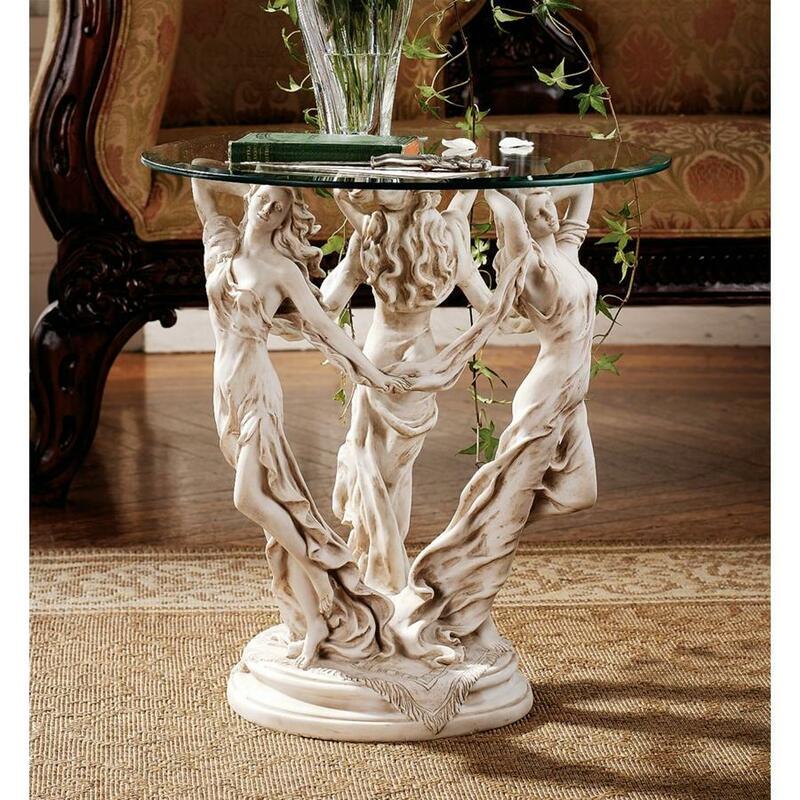 3人の女神　ガラステーブル　装飾的美術的西洋ネオクラシック家具サイドテーブル西洋彫刻女性像インテリア置物洋風飾りホームデコオブジェ