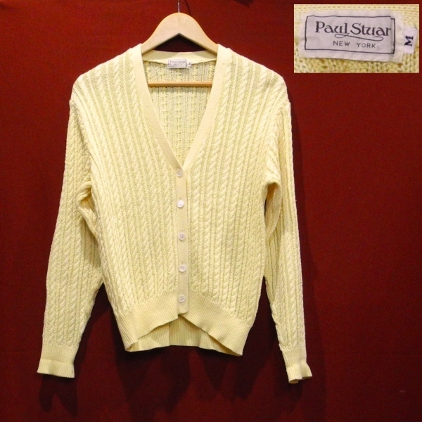 PAUL STUART ポールスチュアート デザイン 縄編み コットン ニット セーター カーディガン 薄い 黄色 M 美品