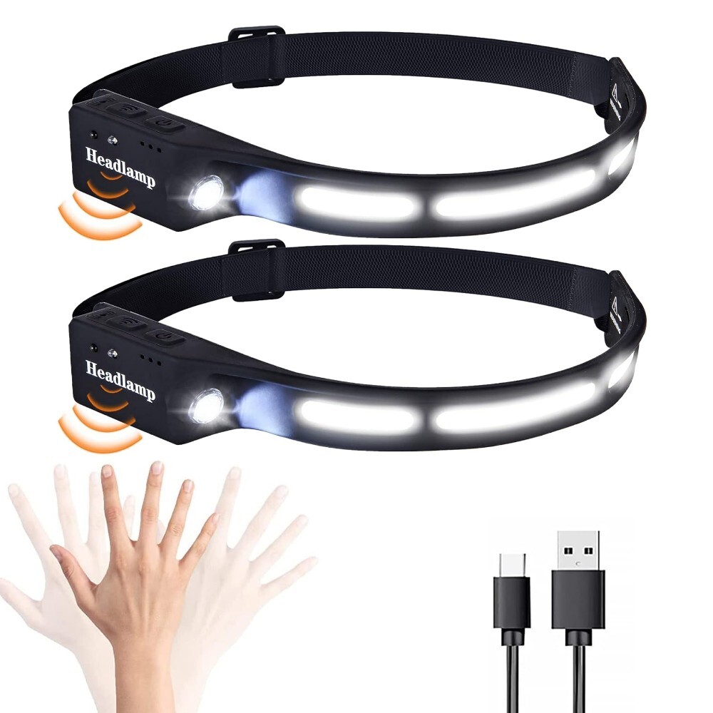 ヘッドライト 充電式 高輝度 人感センサー機能付き USB LEDデュアル光源 5つの照明モード SOS点滅 防水 小型軽量 登山 夜釣り 2個入り