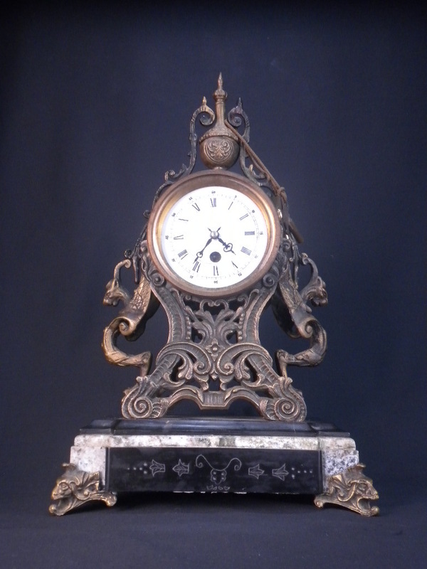 アンティーク大理石置時計・真鍮透かし鳥紋金具・彫刻入・メーカー不明・ヨーロッパ調・古時計