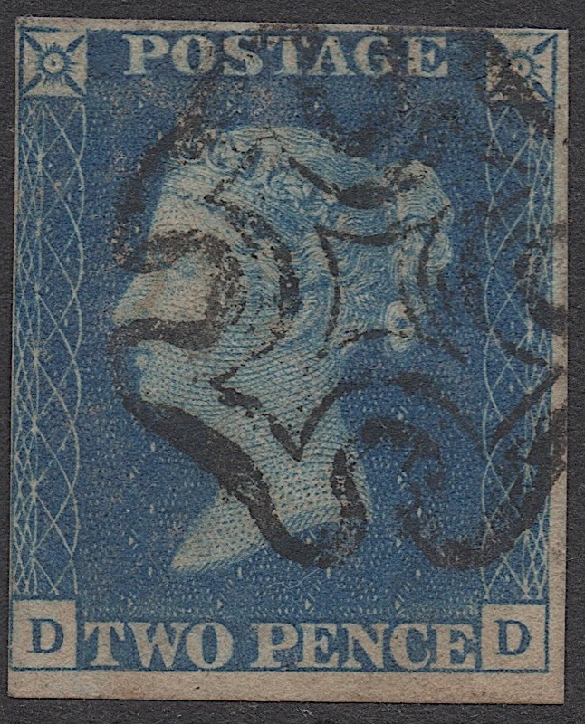 クラッシックイギリス切手・ヴィクトリア女王1840年２ペンスブルー「スコット＃２、D-D」マルタ十字、使用済み