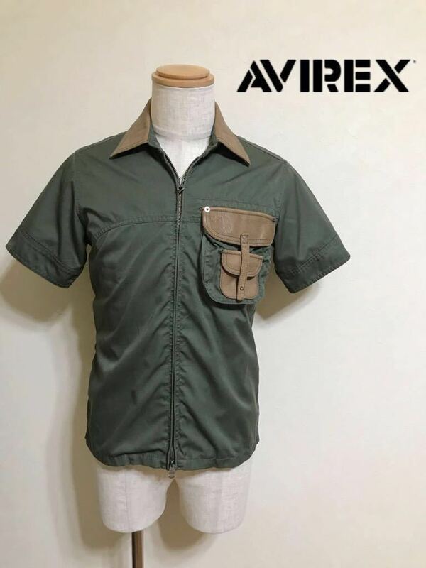 AVIREX U.S.A アヴィレックス A-75 ミリタリー フルジップ シャツ トップス サイズM 半袖 カーキ 牛革 サイドジップ 6185048
