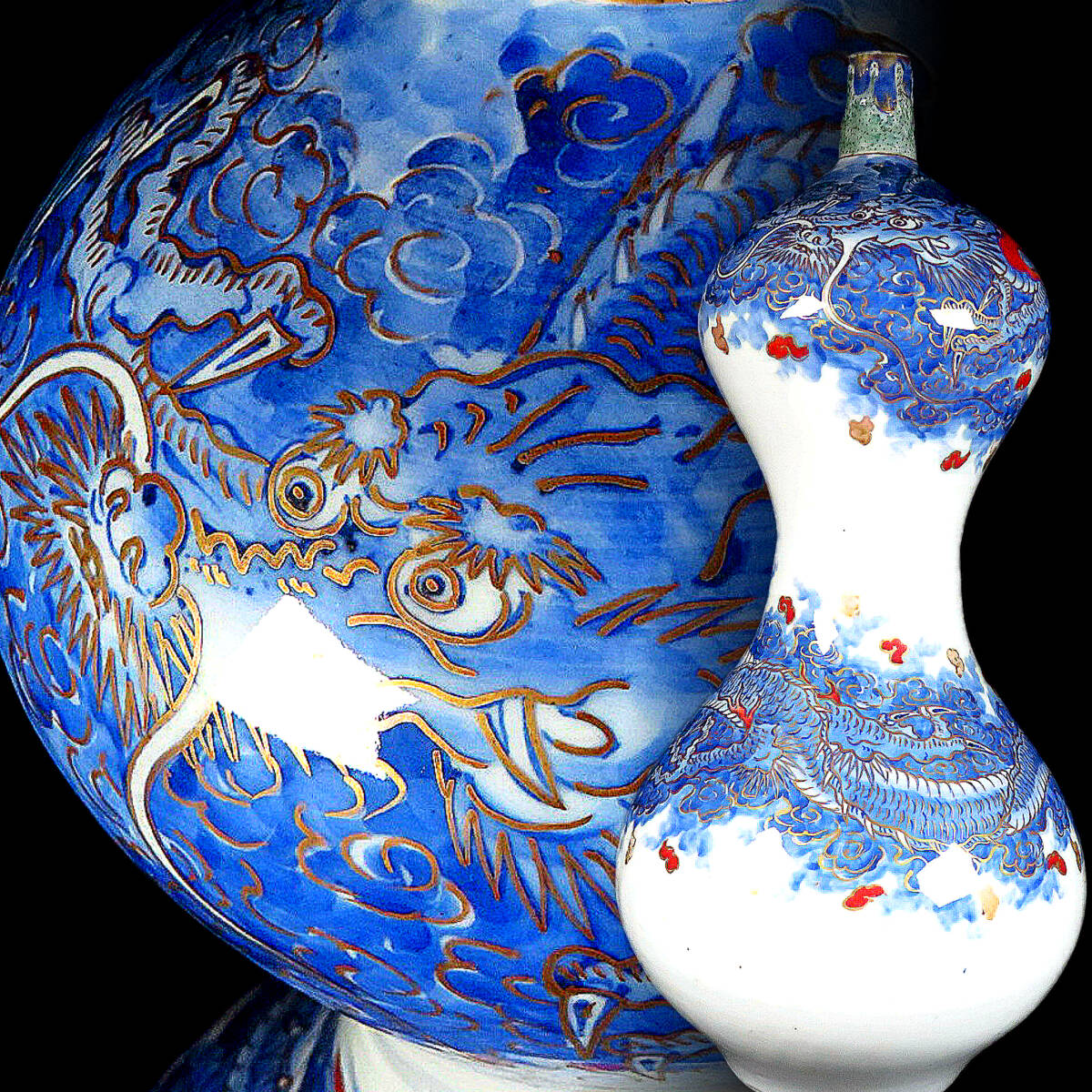 【SAKURAYA】時代ある迫力の大型作品【古平戸焼 色絵雲龍文瓢形大花瓶】細密絵付 飾壺 壷 箱 徳利 骨董品 古美術品 高さ46cm