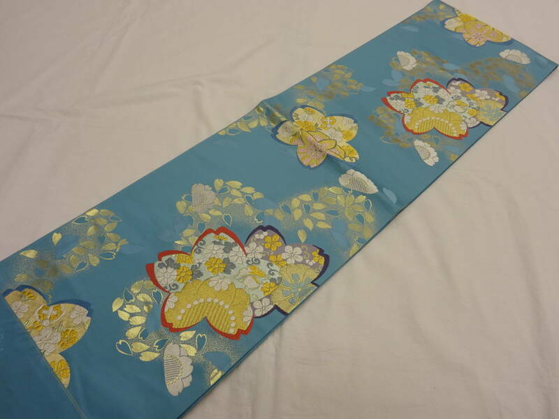 新品・未仕立て・振袖向き★京都西陣・高島織物製・袋帯★水色地に桜柄です