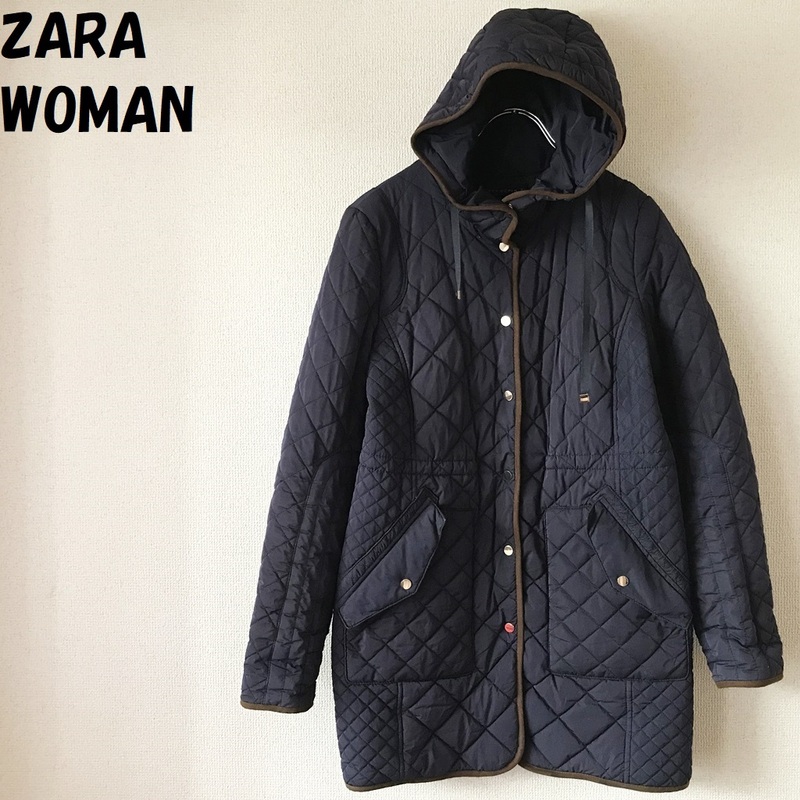 【人気】ZARA WOMAN/ザラウーマン フード付きキルティングコート ネイビー USサイズXS レディース/4547