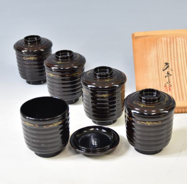 小原文平「蔦蒔絵 小吸物椀　五客」 大振 吸物 汁椀 会席 懐石 茶道具 和食器 漆芸 漆器 高9.6×径8cm 小原文平漆器店 塗師 共箱 9227-1400