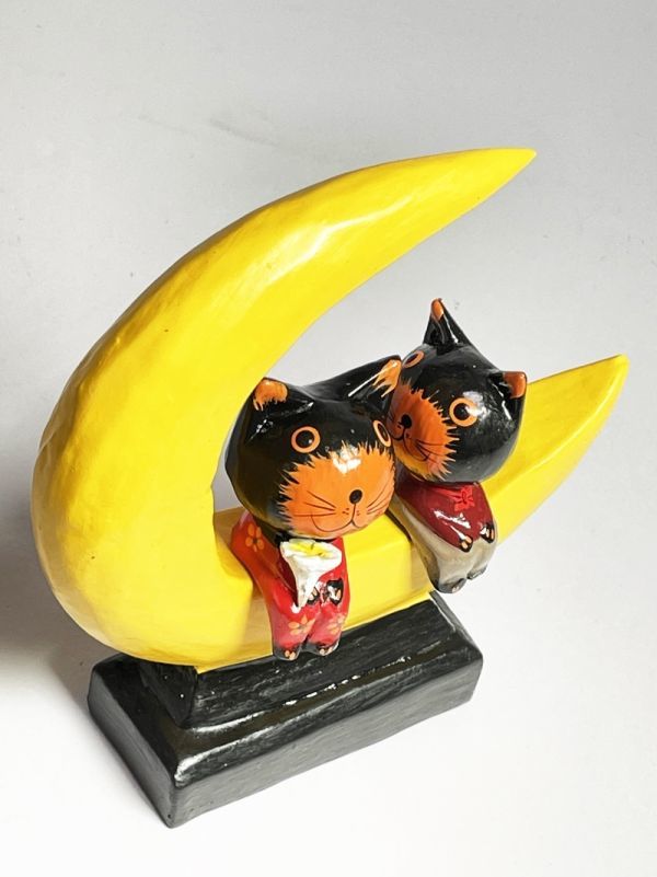 新品 木製 アニマル ペア ムーン スタンド ネコ 猫 ペア 月 オブジェ 飾り 置物 インテリア 雑貨 かわいい キュート