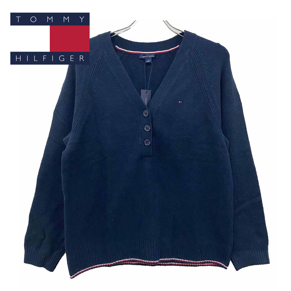 新品 L ★ TOMMY HILFIGER トミーヒルフィガー ヘンリーネック コットン セーター US-M ネイビー オーバーサイズ プルオーバー Vネック