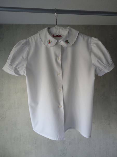 ★70s フランス ヴィンテージ 波襟 ラウンドカラー コットン 半袖シャツ ブラウス 刺繍 ホワイト